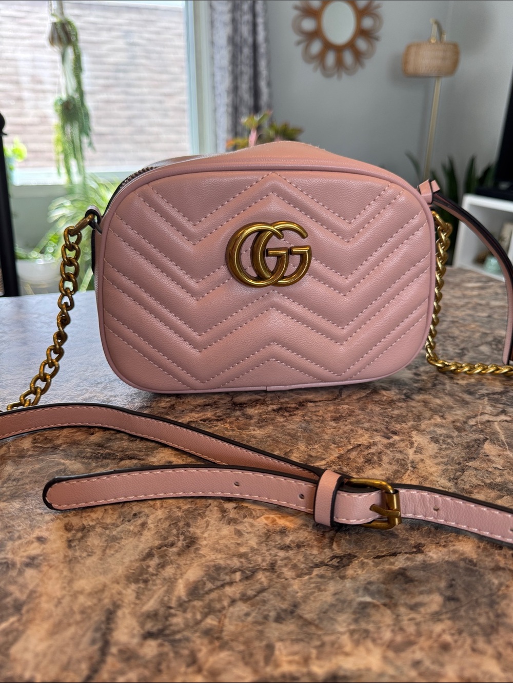 Pink Quilted GG Marmont Crossbody Bag with Gold Hardware